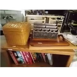 WICKER BASKET, CARVED BOX & 2 TREES