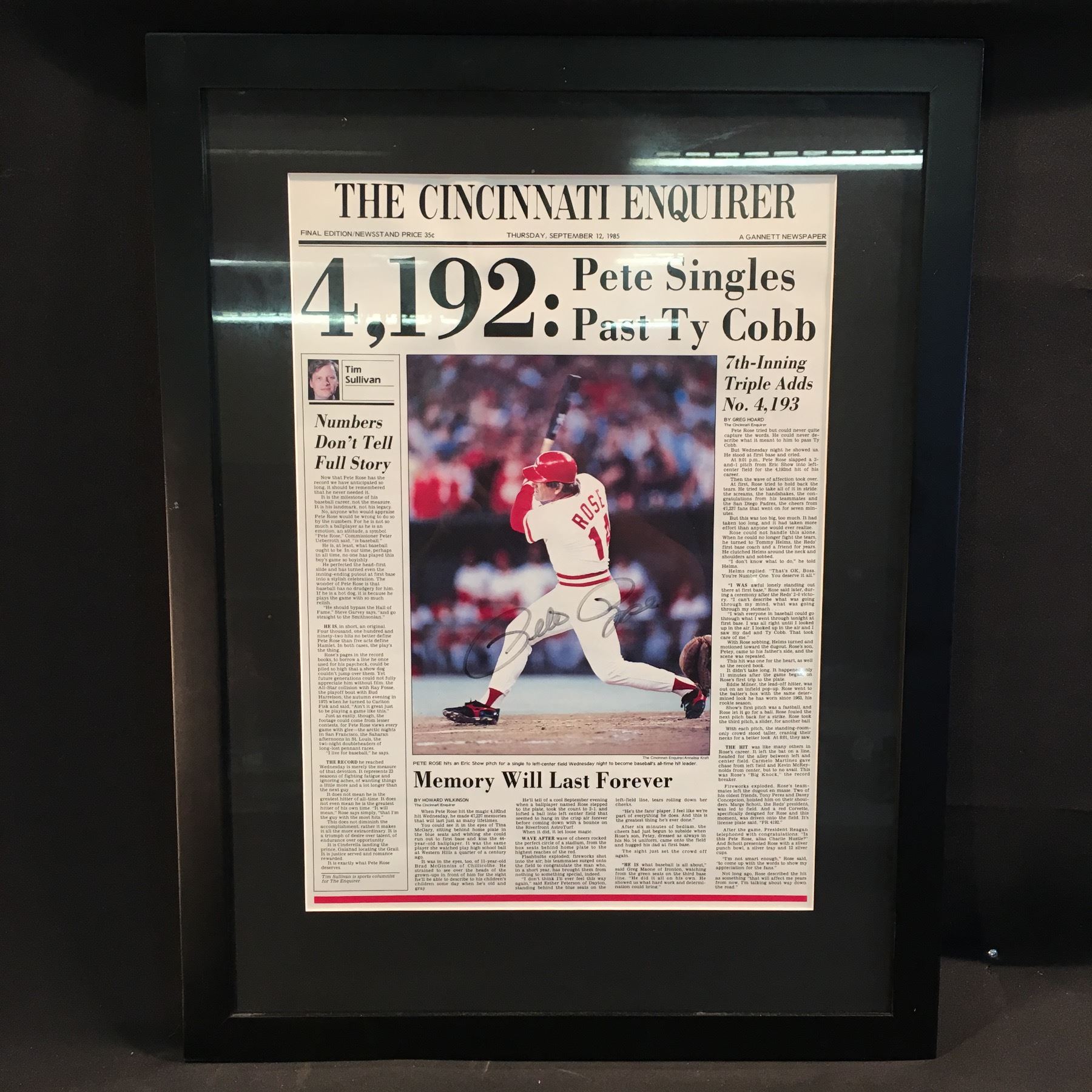 Pete Rose Framed And Autographed Cincinnati Enquirer Newspaper Poster With Front Page From