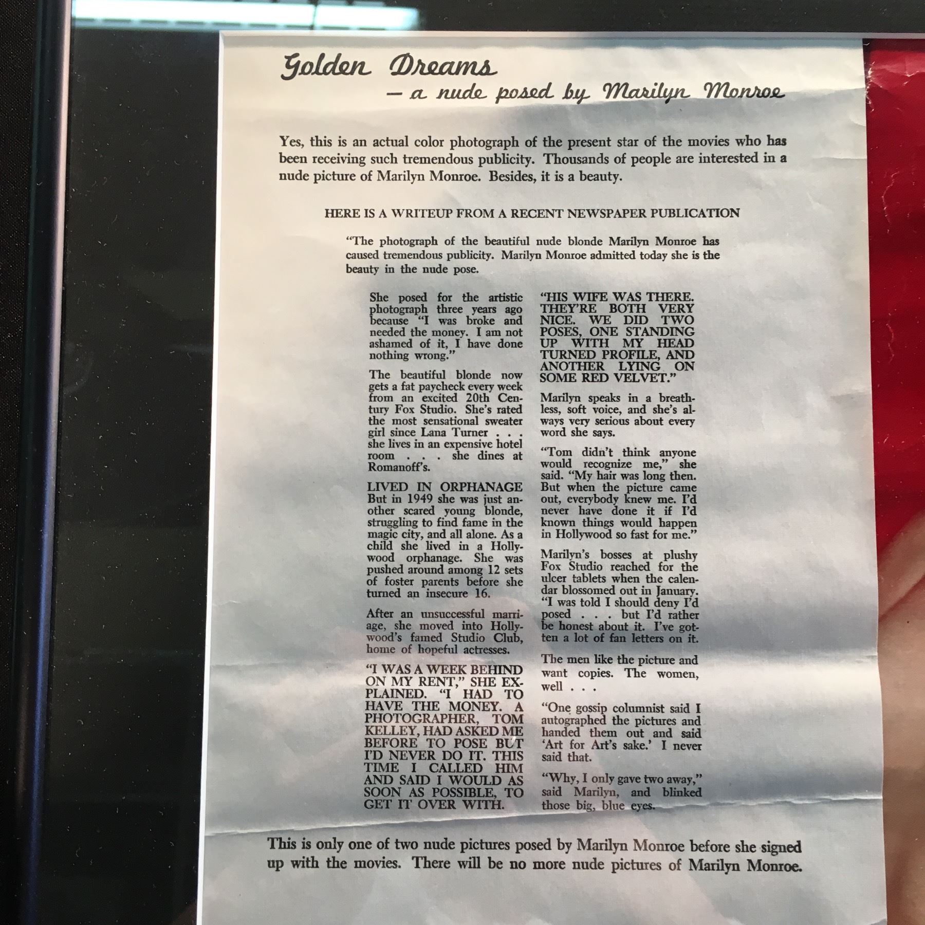 MARILYN MONROE FRAMED "GOLDEN DREAMS" NUDE POSE WITH JUNEJULYAUGUST