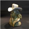 Image 2 : FOUR HAND CARVED STONE SCULPTURES BY LESLIE HAMPTON, OF DOLPHIN, CHESS PIECE, BUFFALO, AND COWBOY,