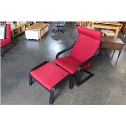 RED UPOLSTED IKEA BENTWOOD CHAIR AND OTTOMAN