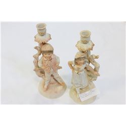 PAIR OF BISQUE HAND PAINTED FIGURAL CANDLESTICKS