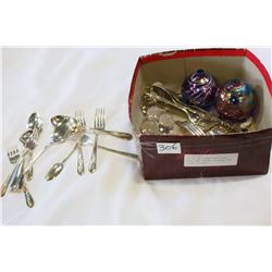 BOX OF TWO SIGNED ART GLASS BALLS AND CRYSTAL STOPPERS AND SILVER CUTLERY