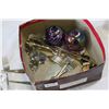 Image 2 : BOX OF TWO SIGNED ART GLASS BALLS AND CRYSTAL STOPPERS AND SILVER CUTLERY