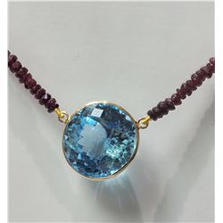 14K Yellow Gold Large Blue Topaz (19.0ct) and Ruby Beads (34.0ct) Necklace, Insurance Value $1650 (6