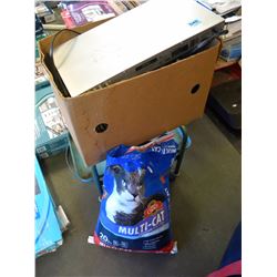 BAG OF CAT LITTER/STEREO WITH CD'S/ROLLING CART