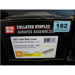 NEW BOX OF WIDE CROWN 25 MM X 25 MM LEG/1X1" 16 GAGE GA COLLATED (10,000 PIECES)