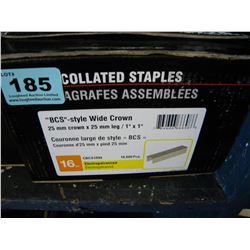 NEW BOX OF WIDE CROWN 25 MM X 25 MM LEG/1X1" 16 GAGE GA COLLATED (10,000 PIECES)