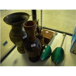 7 PIECES OF BRASS WOOD COLLECTIBLE VASES ETC