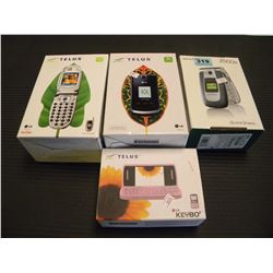 4 TELUS FLIP PHONES WITH BOXES
