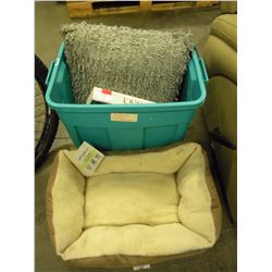 TOTE OF MISC DOG SUPPLIES/COFFEE/THROW PILLOWS