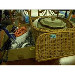 PICNIC BASKET/POTTERY/BOX OF MISC