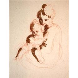 Mère à l'enfant. Dessin à la sanguine et lavi...