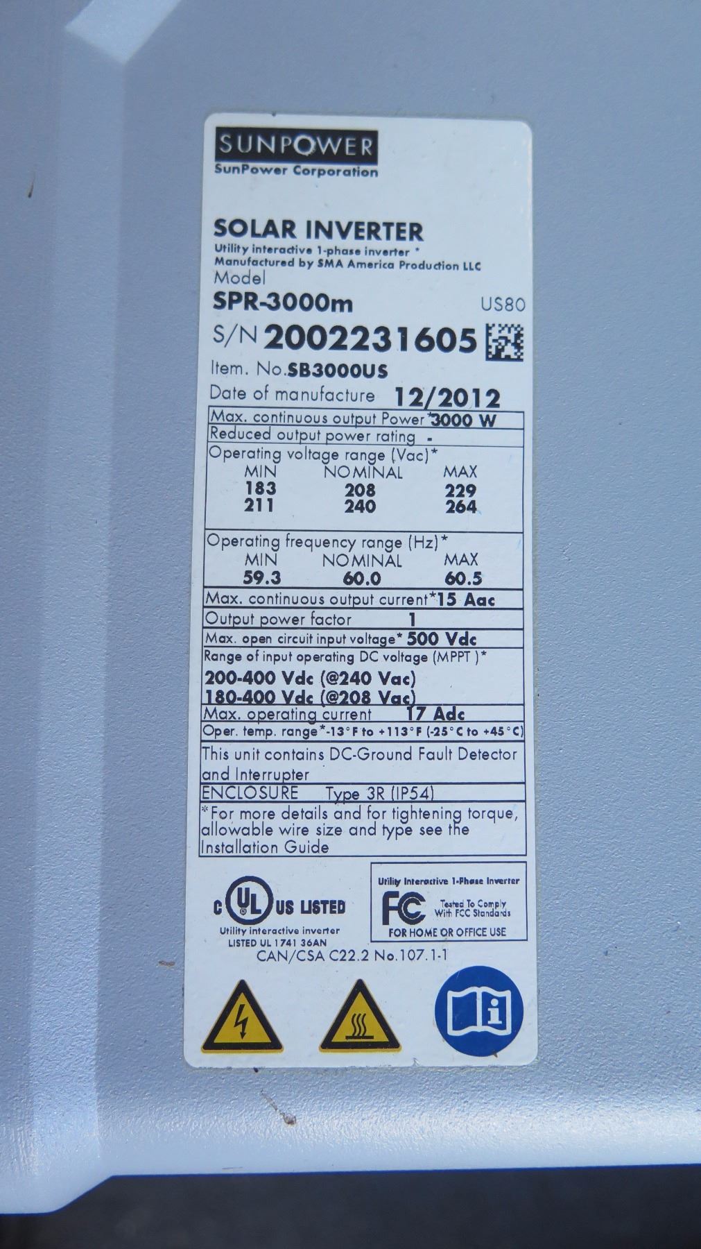 Qty 3 Sunpower SPR 3000M Solar Inverters - Previously Installed, Working