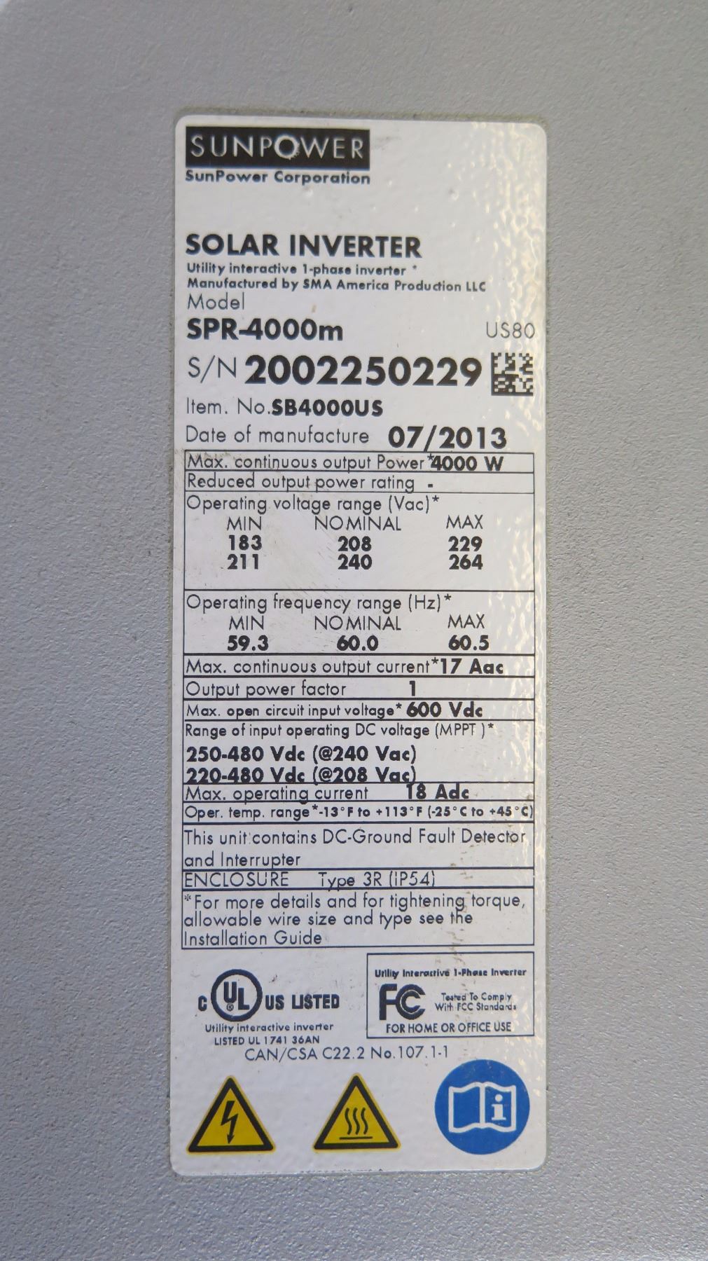 Qty 4 Sunpower SPR 3000M Inverters, Qty 1 Sunpower SPR 4000M Inverters ...