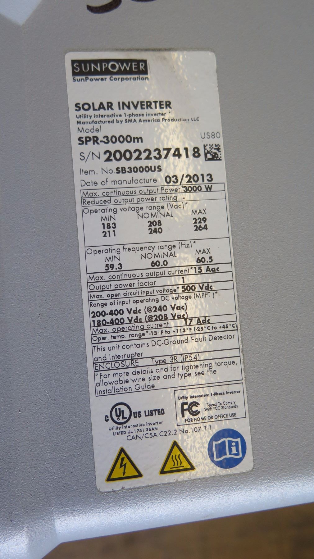 Qty 4 Sunpower SPR 3000M Inverters, Qty 1 Sunpower SPR 4000M Inverters ...