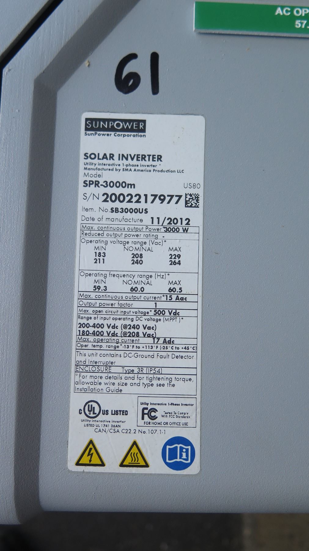 Qty 4 Sunpower SPR 3000M Solar Inverters - Previously Installed, Working