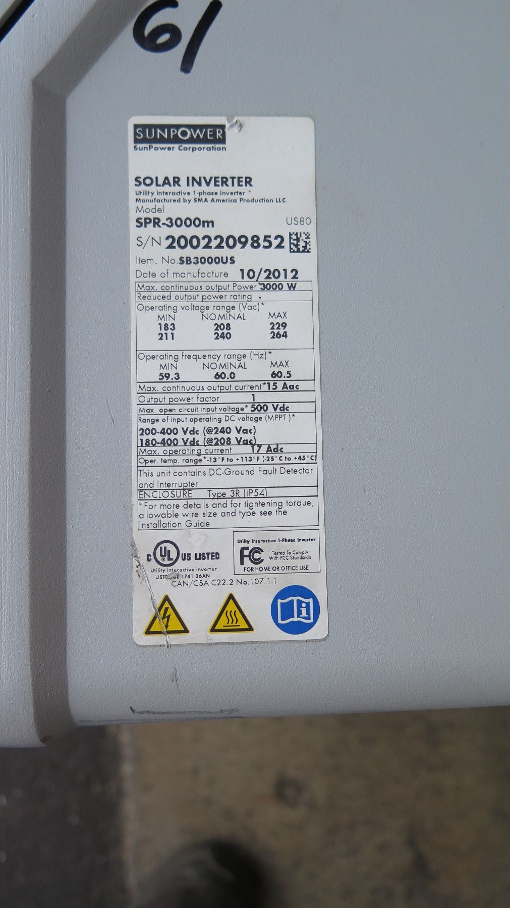 Qty 4 Sunpower SPR 3000M Solar Inverters - Previously Installed, Working