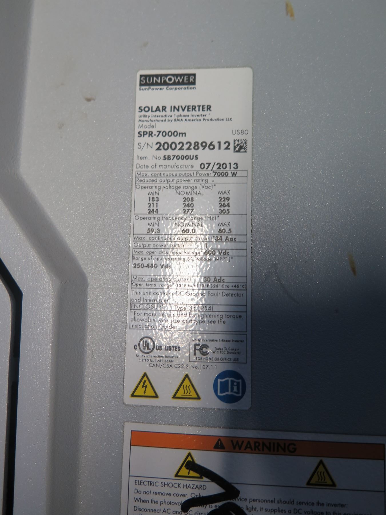 Qty 2 Sunpower SPR-7000M Inverters - Previously Installed, Working ...