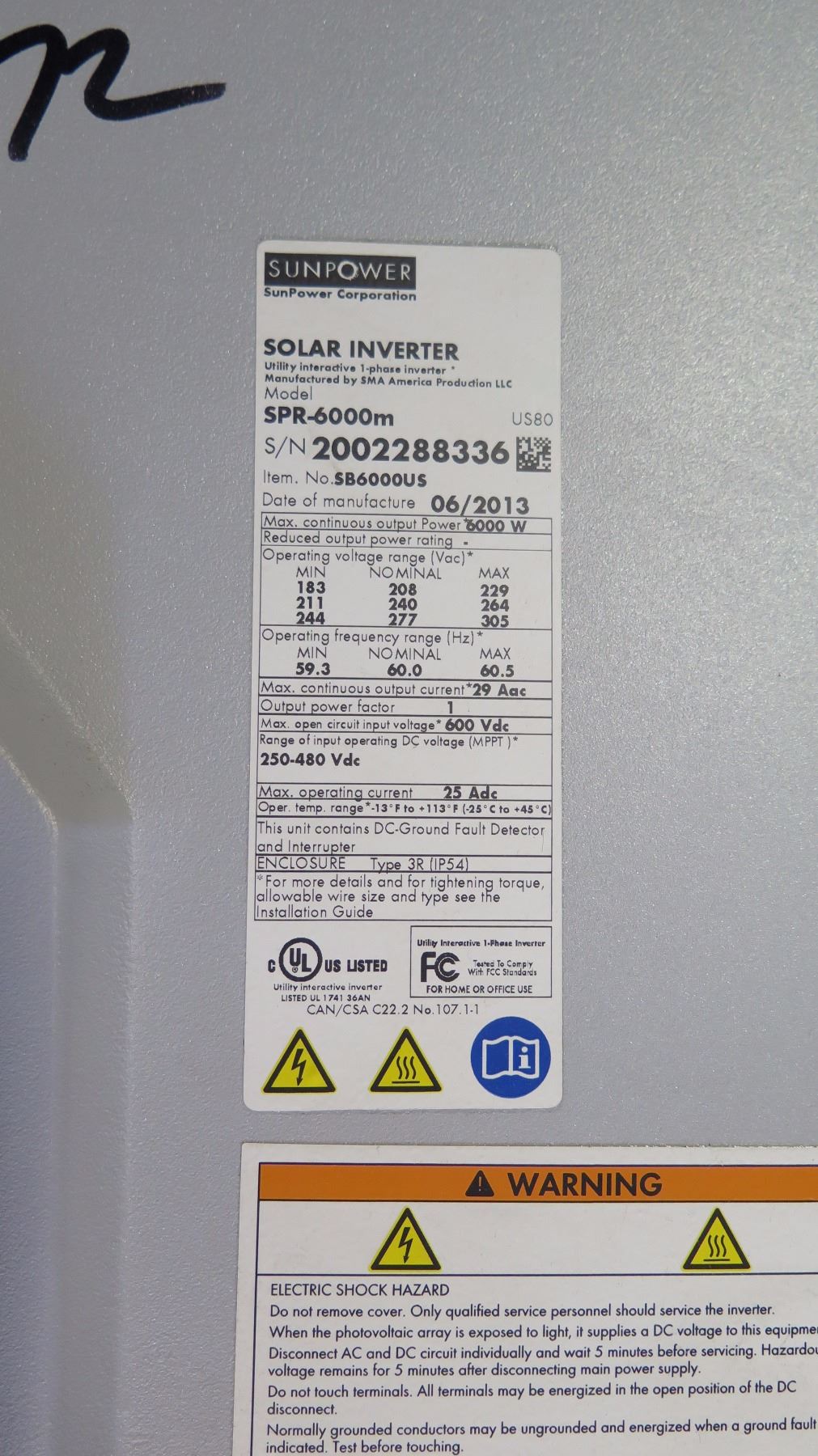 Qty 4 Used Sunpower SPR-6000M Inverters - Previously Installed, Working