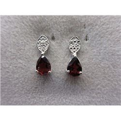 EARRINGS - 2.2 CTW PEAR FACETED GARNET & 2 DIAMONDS IN STERLING SILVER SETTING - RETAIL ESTIMATE $30