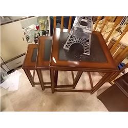 MAHOGANY NESTING TABLES - LEATHER INLAID TOPS 3 PC TTL
