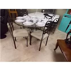WROUGHT IRON TABLE & CHAIR SET - GLASS TOP TABLE INCLUDES 4 UPHOLTERED SEAT CHAIRS