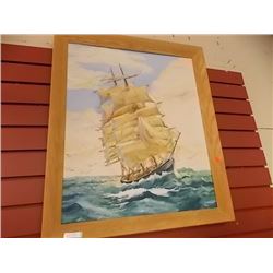 WOOD FRAMED PICTURE - TALL SHIP IN STORM