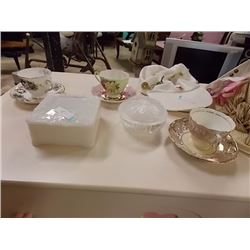 COLLECTABLE DISHWARE- CHINA  CUPS & SAUCERS PLUS MILK GLASS DISHES WITH  LIDS