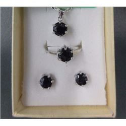 NECKLACE, EARRINGS & RING SET - 5.02CTW ROUND FACETED SAPPHIRE IN STERLING SILVER SETTINGS- INCLUDES