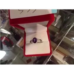 RING - OVAL FACETED 1.5CT AMETHYST & 2 DIAMOND RING IN STERLING SILVER SETTING - RETAIL ESTIMATE $35