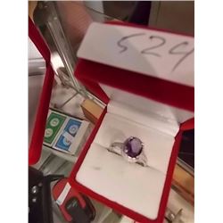 RING - 1.75CT OVAL FACETED AMETHYST & 2 DIAMONDS IN STERLING SILVER SETTING - INCLUDES CERTIFICATE $