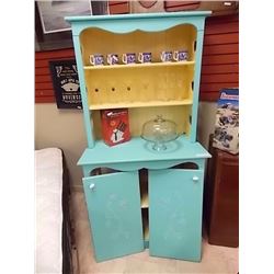 WOOD PANTRY CABINET - PAINTED BLUE - 2 DOORS NEED REATTACHING
