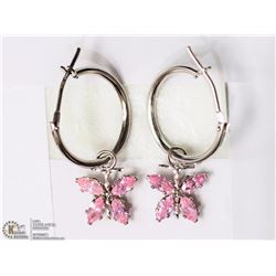 14KT WHITE GOLD PINK CZ BUTTERFLY HOOP EARRINGS