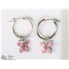 Image 2 : 14KT WHITE GOLD PINK CZ BUTTERFLY HOOP EARRINGS