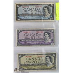 SHEET WITH 1954 CANADIAN $20 $10 $5 BANKNOTES
