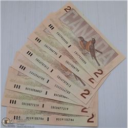 SEVEN 1986 CANADIAN $2 BILLS WITH ROBINS