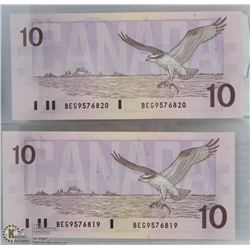 TWO CONSECUTIVE SERIAL #'S 1989 CANADIAN $10 BILL