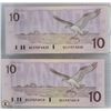 Image 1 : TWO CONSECUTIVE SERIAL #'S 1989 CANADIAN $10 BILL