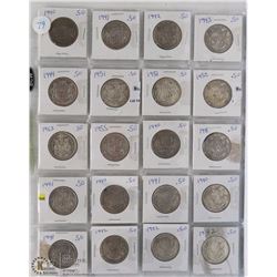 LOT OF 20 ARIES YEARS SILVER HALF DOLLARS