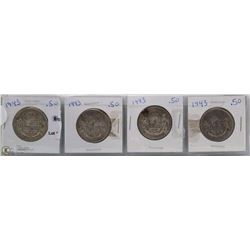 LOT OF 4 CANADIAN 1943 SILVER HALF DOLLARS