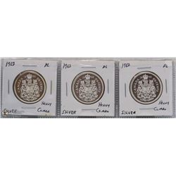 LOT OF 3 CANADIAN SILVER HALF DOLLARS