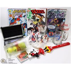 FLAT OF ASST PINT GLASSES, COMICS AND MORE