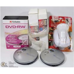 BOX W/ NEW SUMP PUMP FLOATERS, HANDI-BULB, DVD-RE