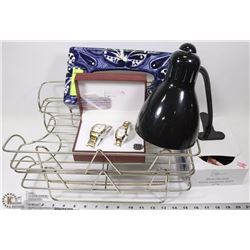 BOX W/ 2 CHROME "DECO" STACKING PAPER TRAYS, CLIP