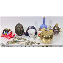 BOX W/ SMALL COLLECTIBLES INCL BELLS, CLOISONNE