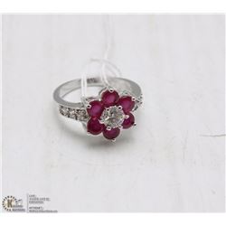 .925 SILVER NATURAL RUBY RING & CZ SIZE 6.5