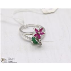 .925 SILVER NATURAL RUBY AND EMERALD RING SIZE 6.5