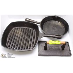 LOT OF 3 CAST IRON PIECES INCL PAN, GRIDDLE& PRESS