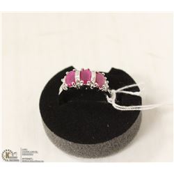 164-RED RUBY & CZ  RING .925 STERLING SILVER